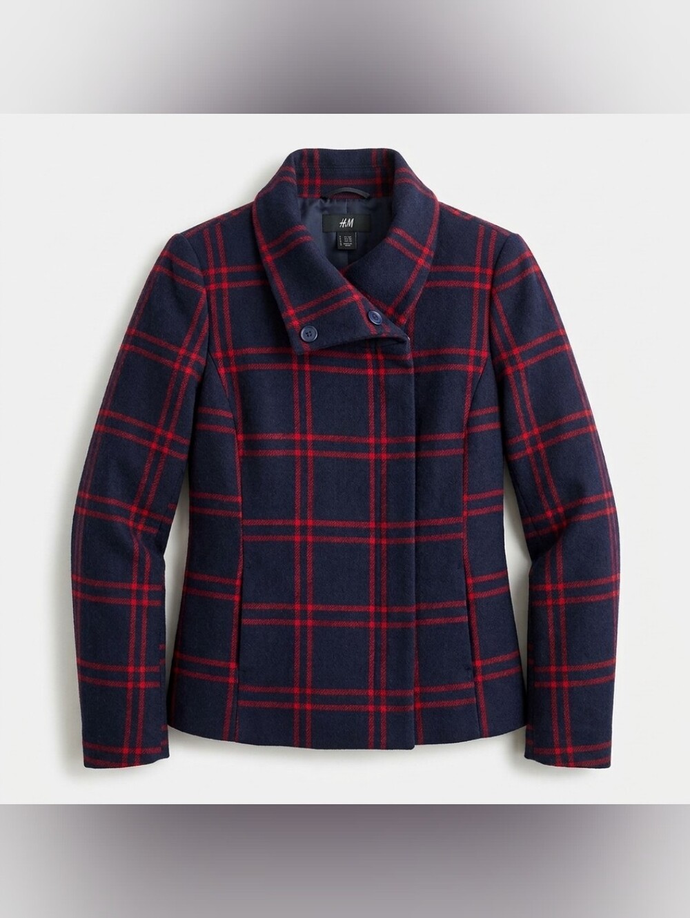 H&M Women's Red and Navy Blue Checkered Wool Blend Short Coat Career Blazer Sz S